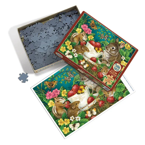 Jigsaw puzzle set with a box featuring rabbits and flowers