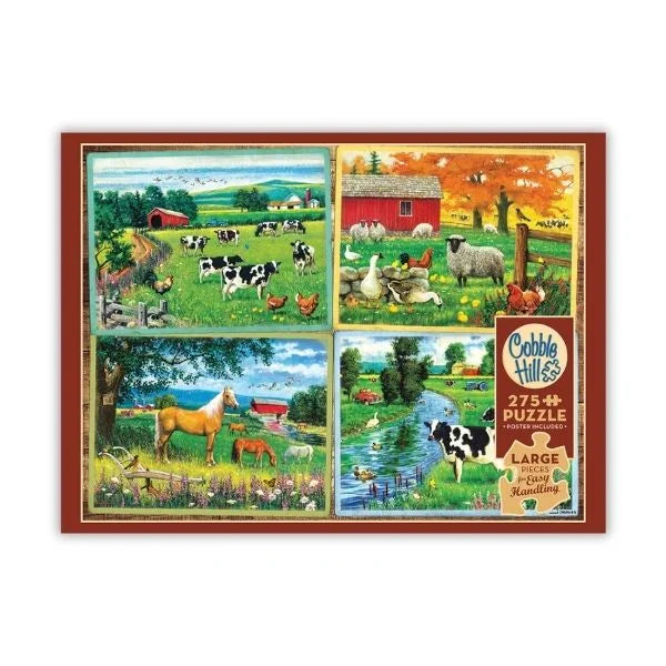 Cobble Hill puzzle box with farm scene illustrations on a white background