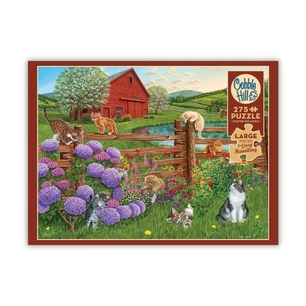 Cobble Hill puzzle packaging with a farm scene featuring animals and flowers.