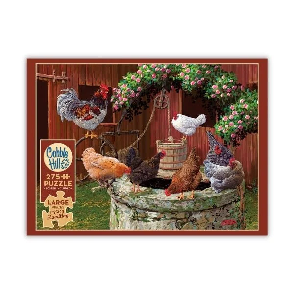 Cobble Hill puzzle box featuring chickens around a well and garden arch