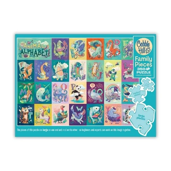 Cobble Hill's Family Pieces puzzle box with a colorful animal alphabet design