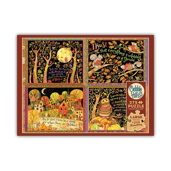 Cobble Hill puzzle box with colorful fall illustrations and text.