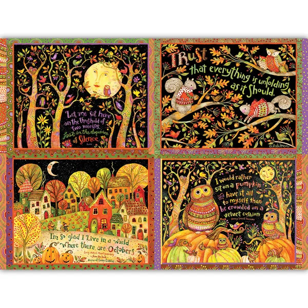 Four-panel artwork with colorful illustrations of nature, animals, and text on a black background.
