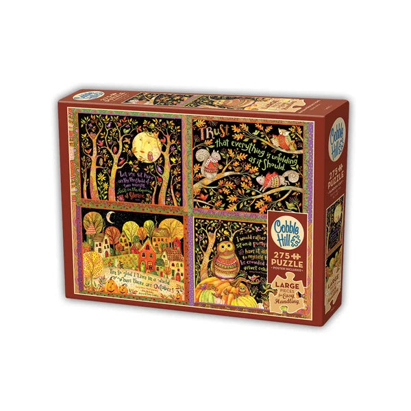 Cobble Hill puzzle box with colorful fall illustrations and text on a white background