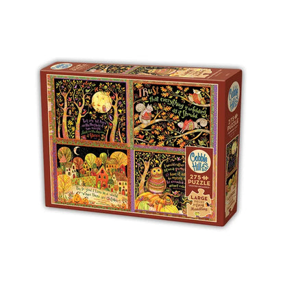 Cobble Hill puzzle box with colorful fall illustrations and text on a white background