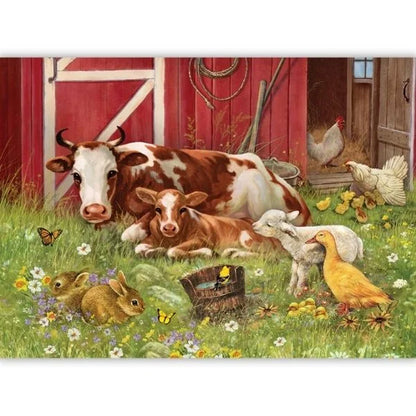Farm animals including cows, chickens, ducks, and rabbits in a field with a red barn in the background.