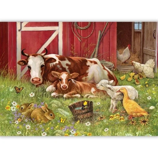Farm animals including cows, chickens, ducks, and rabbits in a field with a red barn in the background.