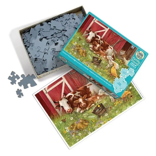 Puzzle set with a poster featuring a cow and barn design
