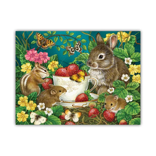 Illustration of small animals around a teacup with strawberries in a garden setting