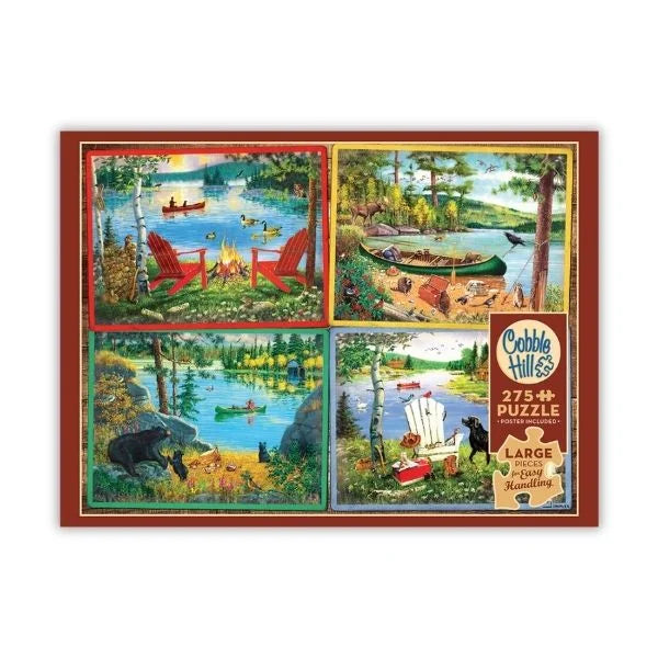 Cobble Hill puzzle box with four scenic illustrations of a lakeside campsite.