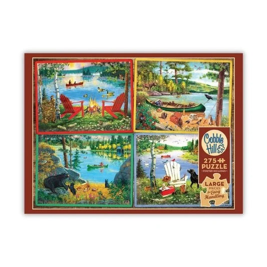 Cobble Hill puzzle box with four scenic illustrations of a lakeside campsite.