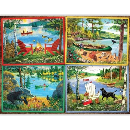Four scenic panels depicting a lakeside campsite with activities like canoeing, fishing, and sitting by a campfire.