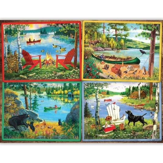 Four scenic panels depicting a lakeside campsite with activities like canoeing, fishing, and sitting by a campfire.