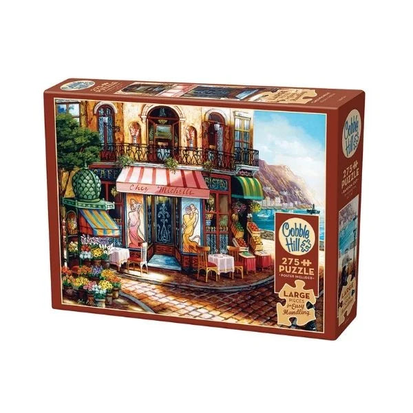 Cobble Hill puzzle box with a scenic street view illustration 