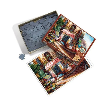 Jigsaw puzzle with a colorful cafe street design