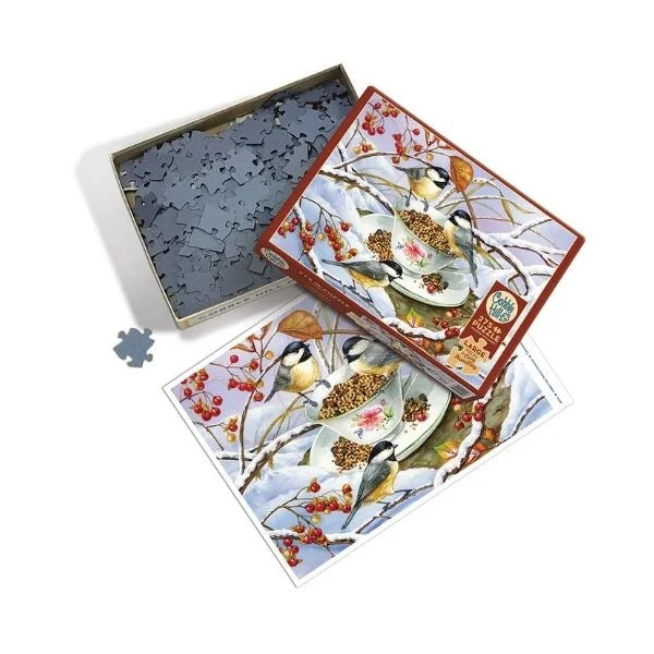 Jigsaw puzzle with bird design with a snowy background