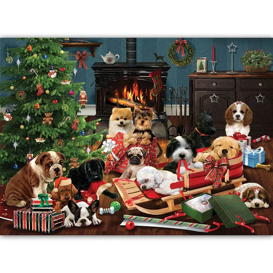 Complete image of the Cobble Hill Christmas Puppies 1000 Piece Jigsaw Puzzle Box