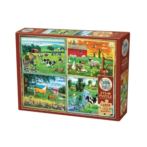 Cobble Hill puzzle box with farm scene illustrations on a white background