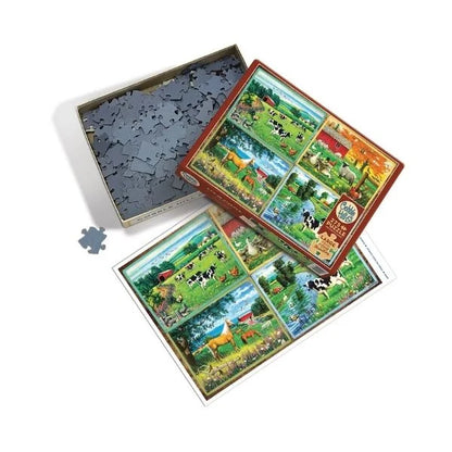Jigsaw puzzle set with farm-themed pieces and packaging on a white background