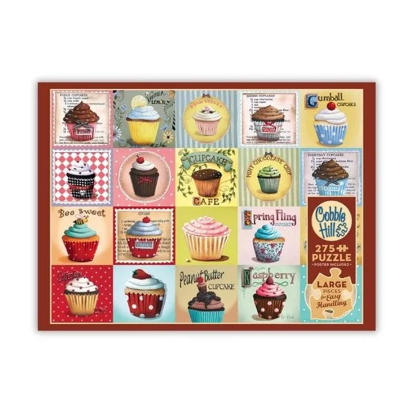 Puzzle box with cupcake-themed design on a white background