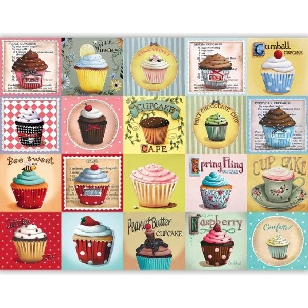 Collage of various colorful cupcake illustrations on a white background