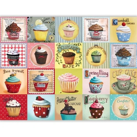 Collage of various colorful cupcake illustrations on a white background