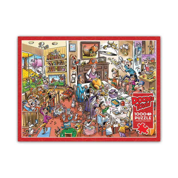 Front view of the 'DoodleTown Thanksgiving Togetherness' jigsaw puzzle box by Cobblehill Puzzles