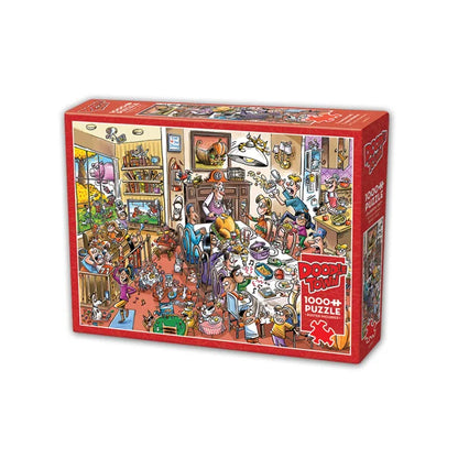 Side view of the 'DoodleTown Thanksgiving Togetherness' jigsaw puzzle box by Cobblehill Puzzles