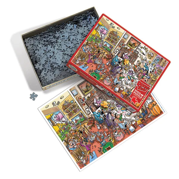 Top view of the 'DoodleTown Thanksgiving Togetherness' jigsaw puzzle box by Cobblehill Puzzles