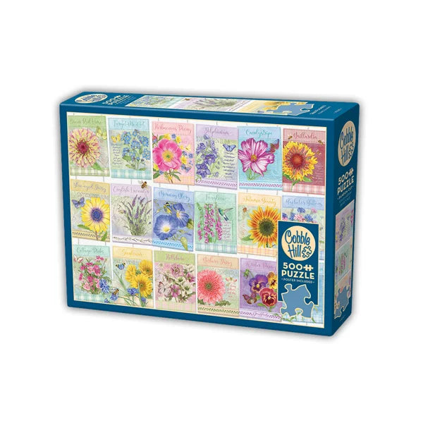 Side view of the Cobble Hill Seed Packets 500 Piece Jigsaw Puzzle Box