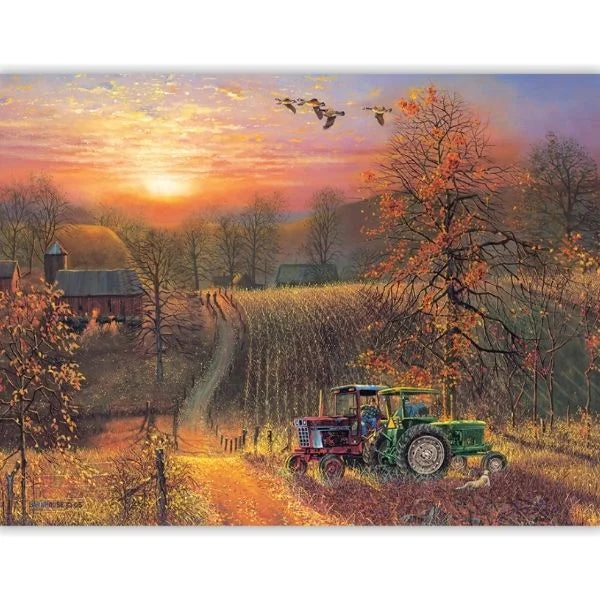 Farm scene with a tractor, barn, and sunset over a field