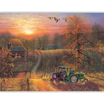 Farm scene with a tractor, barn, and sunset over a field