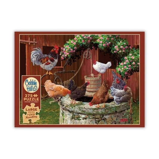 Cobble Hill puzzle box featuring chickens around a well and garden arch