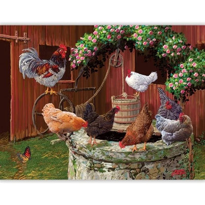 Illustration of chickens around a well with a barn and flowers in the background