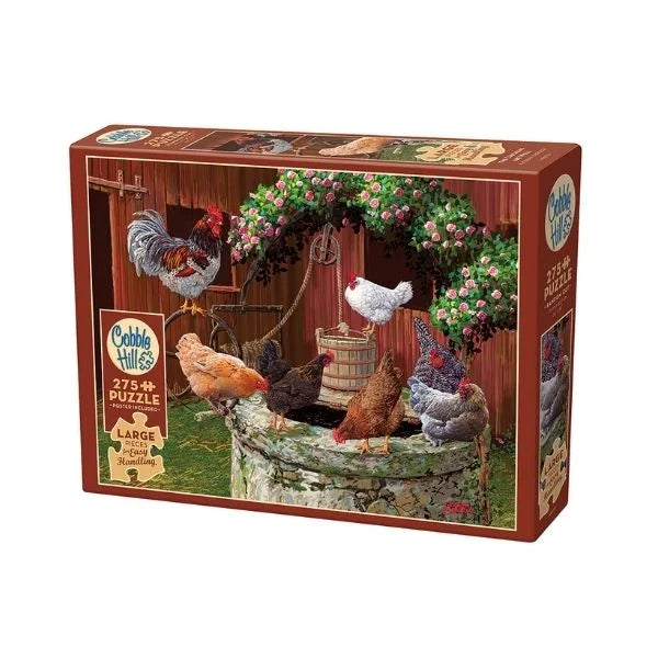 Cobble Hill puzzle box featuring chickens around a well and barn in the background