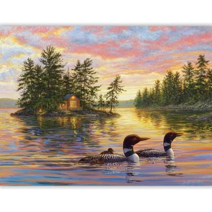 Two loons swimming on a lake with a cabin and trees in the background during sunset.