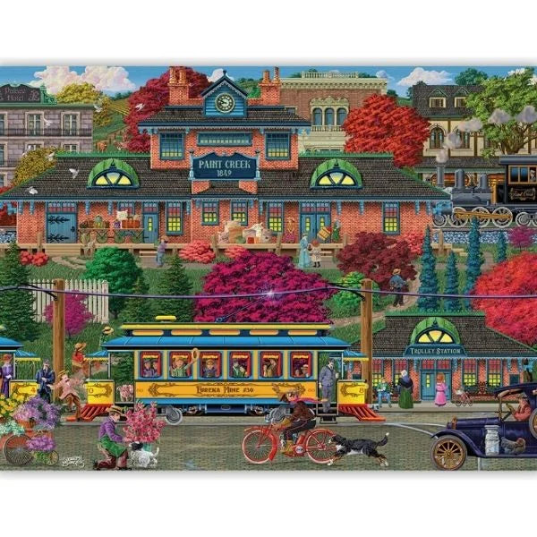 Colorful illustration of a town scene with buildings, people, and vehicles.