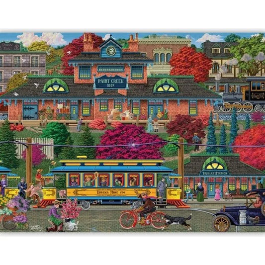 Colorful illustration of a town scene with buildings, people, and vehicles.
