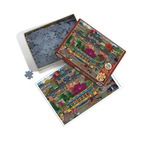 Jigsaw puzzle featuring a colorful street trolley on a street.
