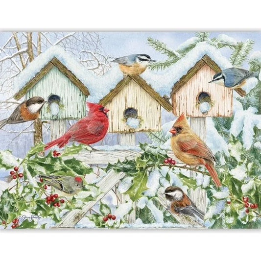 Winter scene with birds around birdhouses and holly bushes