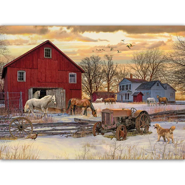 Complete image of the Cobble Hill Winter on the Farm 1000 Piece Jigsaw Puzzle Box