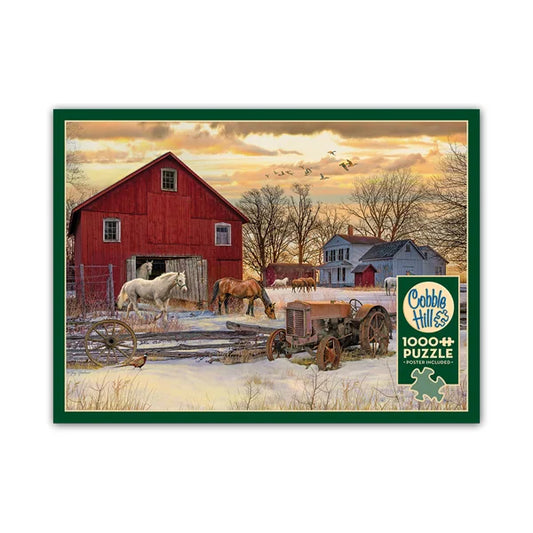 Front view of the 'Winter on the Farm' jigsaw puzzle box by Cobblehill Puzzles