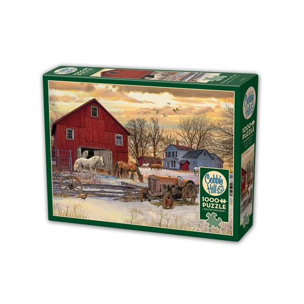 Side view of the Cobble Hill Winter on the Farm 1000 Piece Jigsaw Puzzle Box