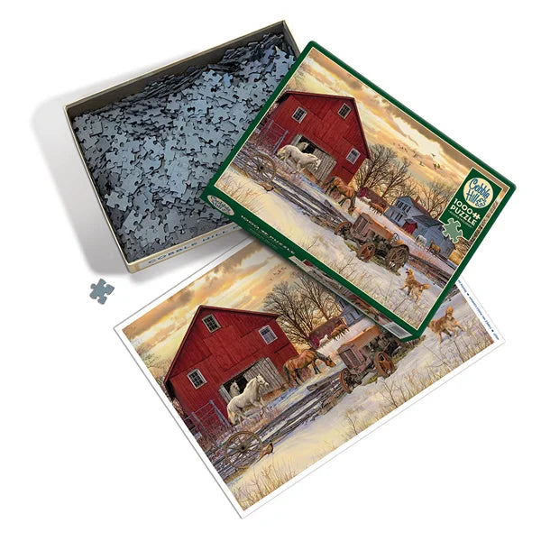 Top view of the Cobble Hill Winter on the Farm 1000 Piece Jigsaw Puzzle, Poster and Box