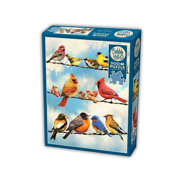 Side view of the 'Birds on a Wire' jigsaw puzzle box by Cobble Hill Puzzles