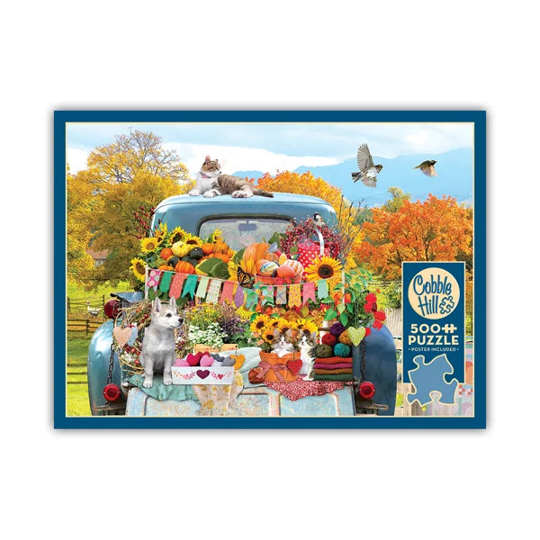Front view of the 'Country Truck in Autumn' jigsaw puzzle box by Cobble Hill Puzzles