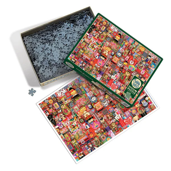 Top view of the 'Dollies' jigsaw puzzle box by Cobble Hill Puzzles