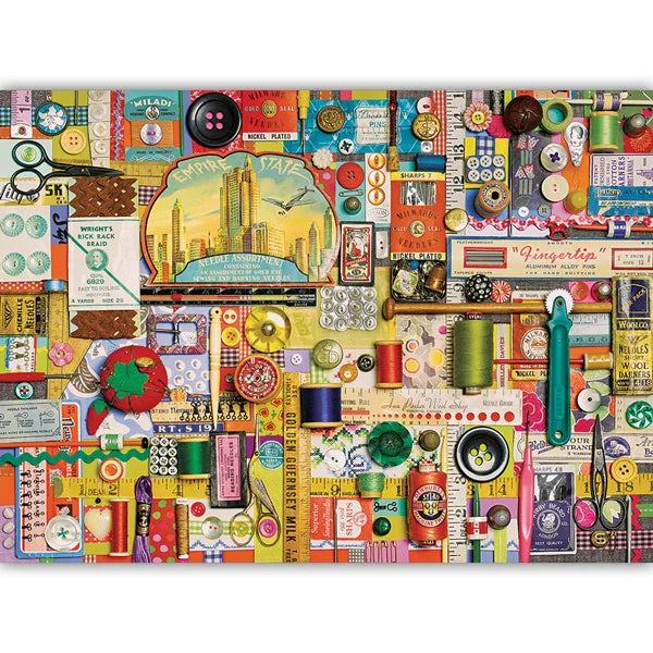 Complete image of the Cobble Hill Sewing Notions 1000 Piece Jigsaw Puzzle Box