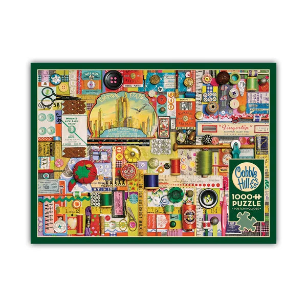 Front view of the Cobble Hill Sewing Notions 1000 Piece Jigsaw Puzzle Box