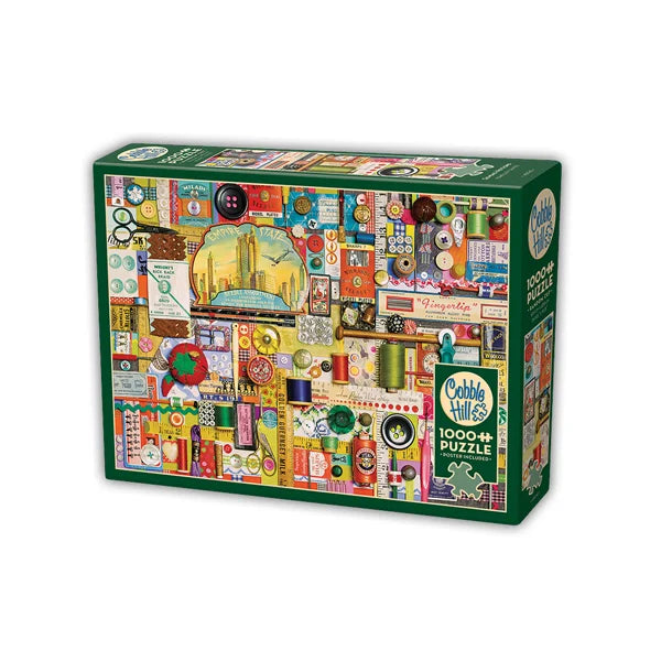 Side view of the Cobble Hill Sewing Notions 1000 Piece Jigsaw Puzzle Box